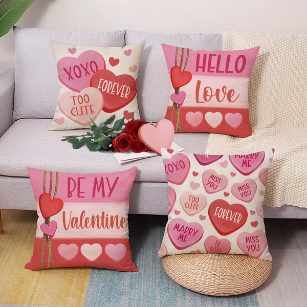 Waterproof Linen, Valentines Day Heart Throw Pillow Covers 18 x 18 Set of 4, Pink Red Hello Love Be My Valentine