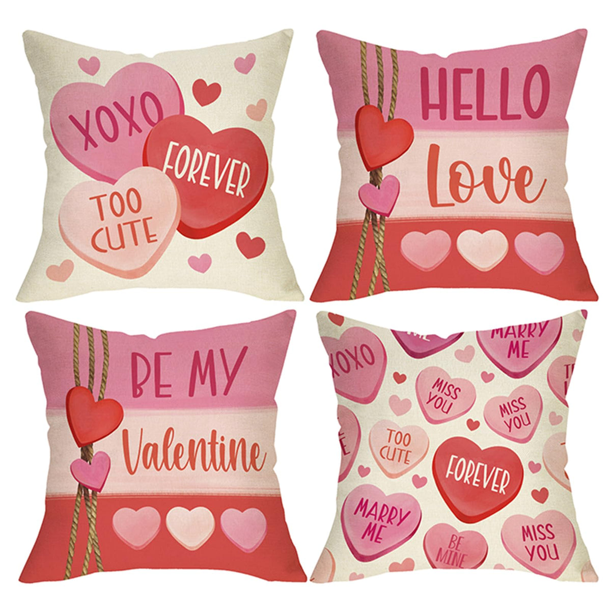 Waterproof Linen, Valentines Day Heart Throw Pillow Covers 18 x 18 Set of 4, Pink Red Hello Love Be My Valentine