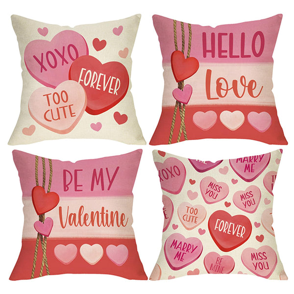 Waterproof Linen, Valentines Day Heart Throw Pillow Covers 18 x 18 Set of 4, Pink Red Hello Love Be My Valentine