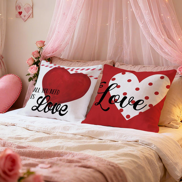 Waterproof Linen, Valentines Day Decorative Throw Pillow Covers 18 x 18 Set of 4, Red White Love Heart Polka Dots