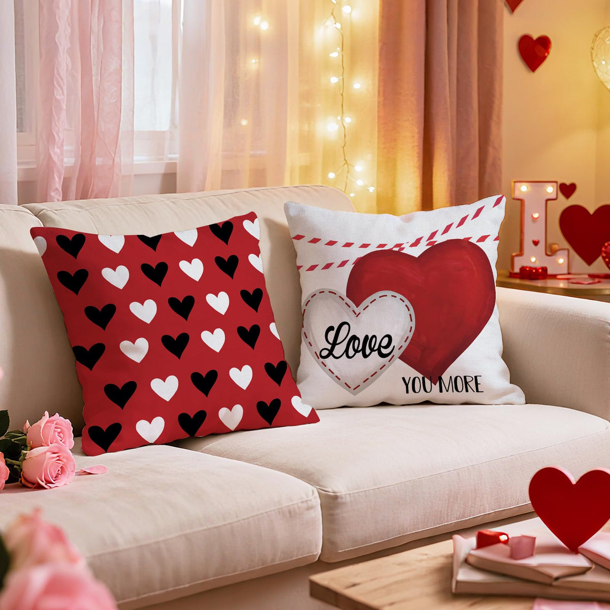 Waterproof Linen, Valentines Day Decorative Throw Pillow Covers 18 x 18 Set of 4, Red White Love Heart Polka Dots