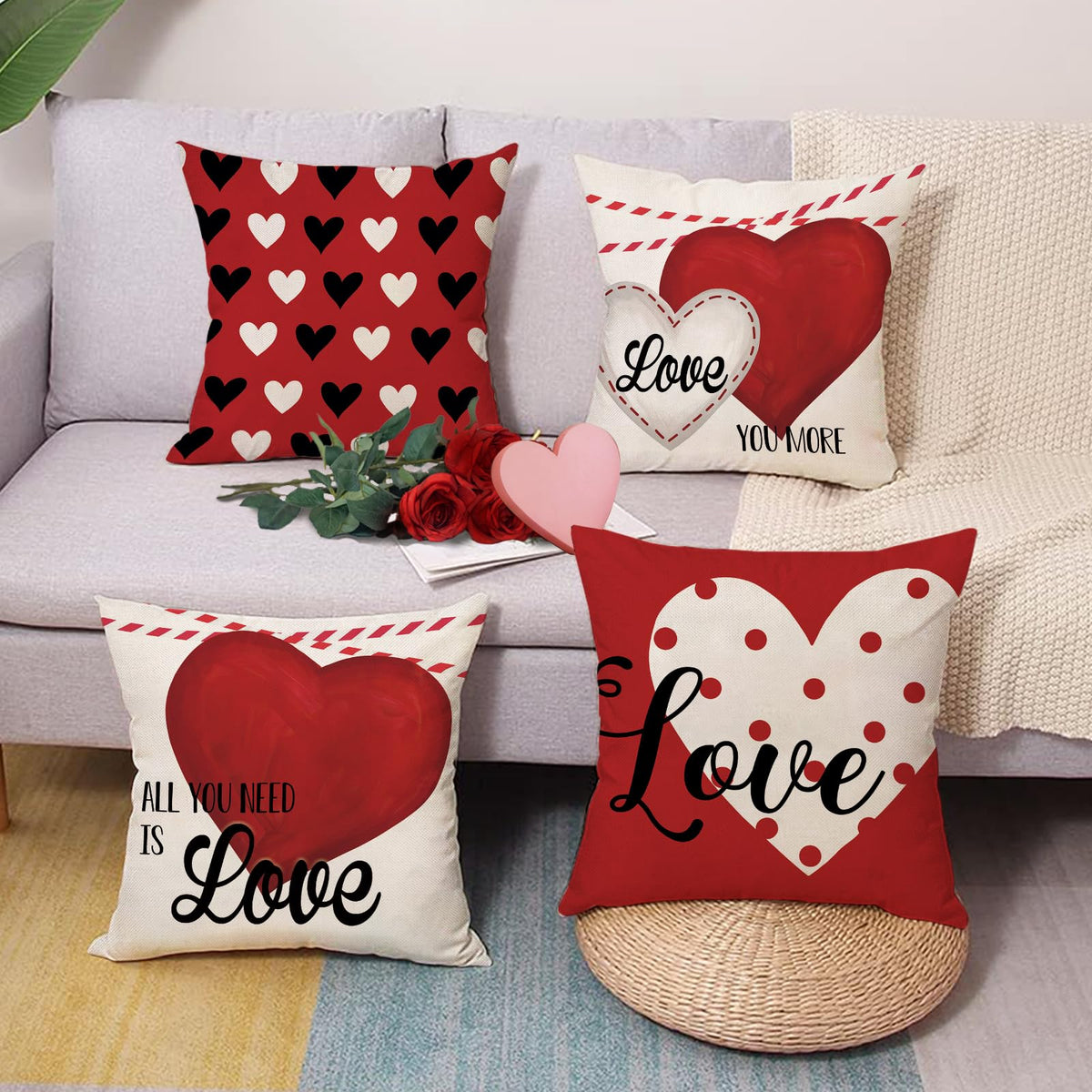 Waterproof Linen, Valentines Day Decorative Throw Pillow Covers 18 x 18 Set of 4, Red White Love Heart Polka Dots