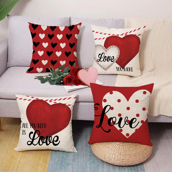 Waterproof Linen, Valentines Day Decorative Throw Pillow Covers 18 x 18 Set of 4, Red White Love Heart Polka Dots