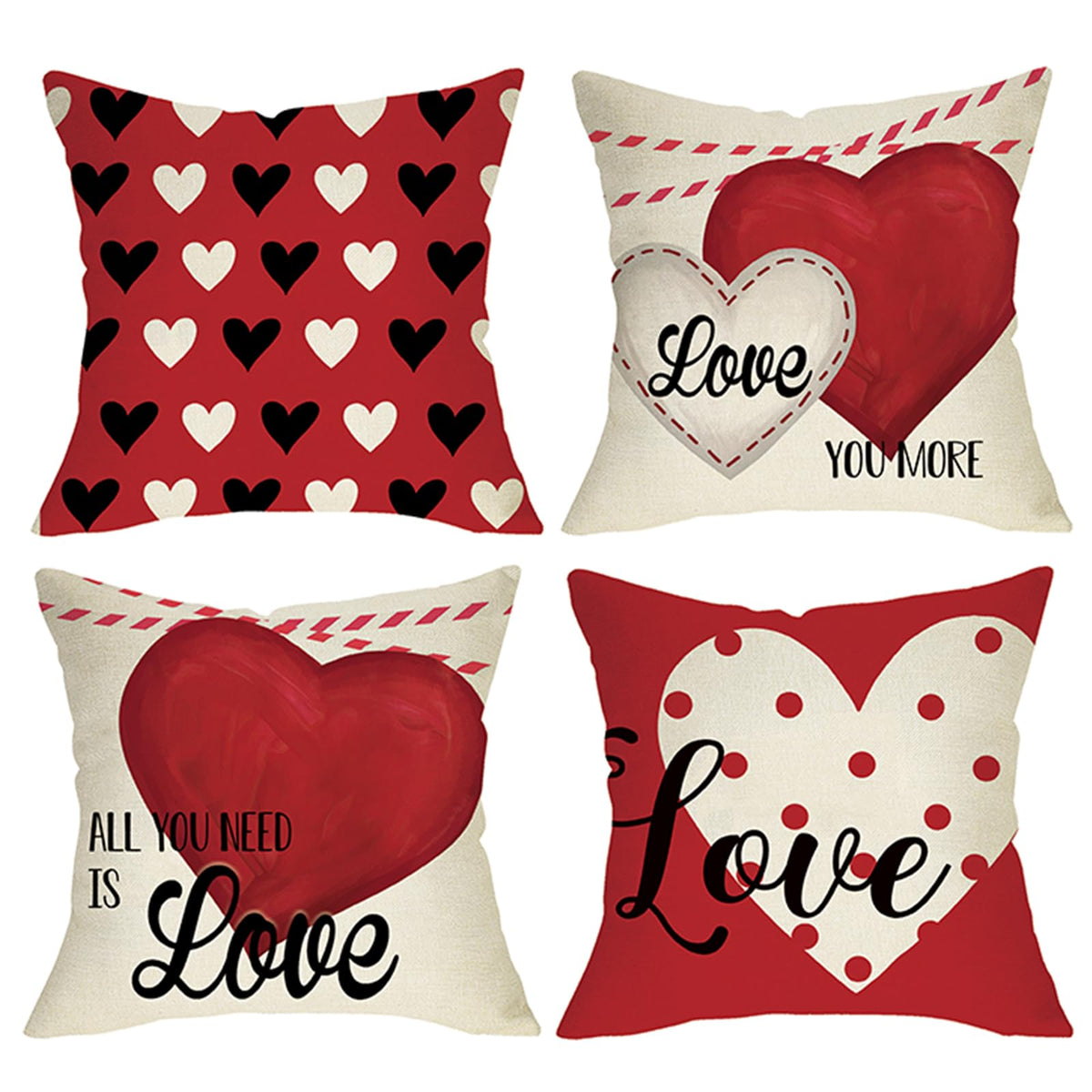 Waterproof Linen, Valentines Day Decorative Throw Pillow Covers 18 x 18 Set of 4, Red White Love Heart Polka Dots