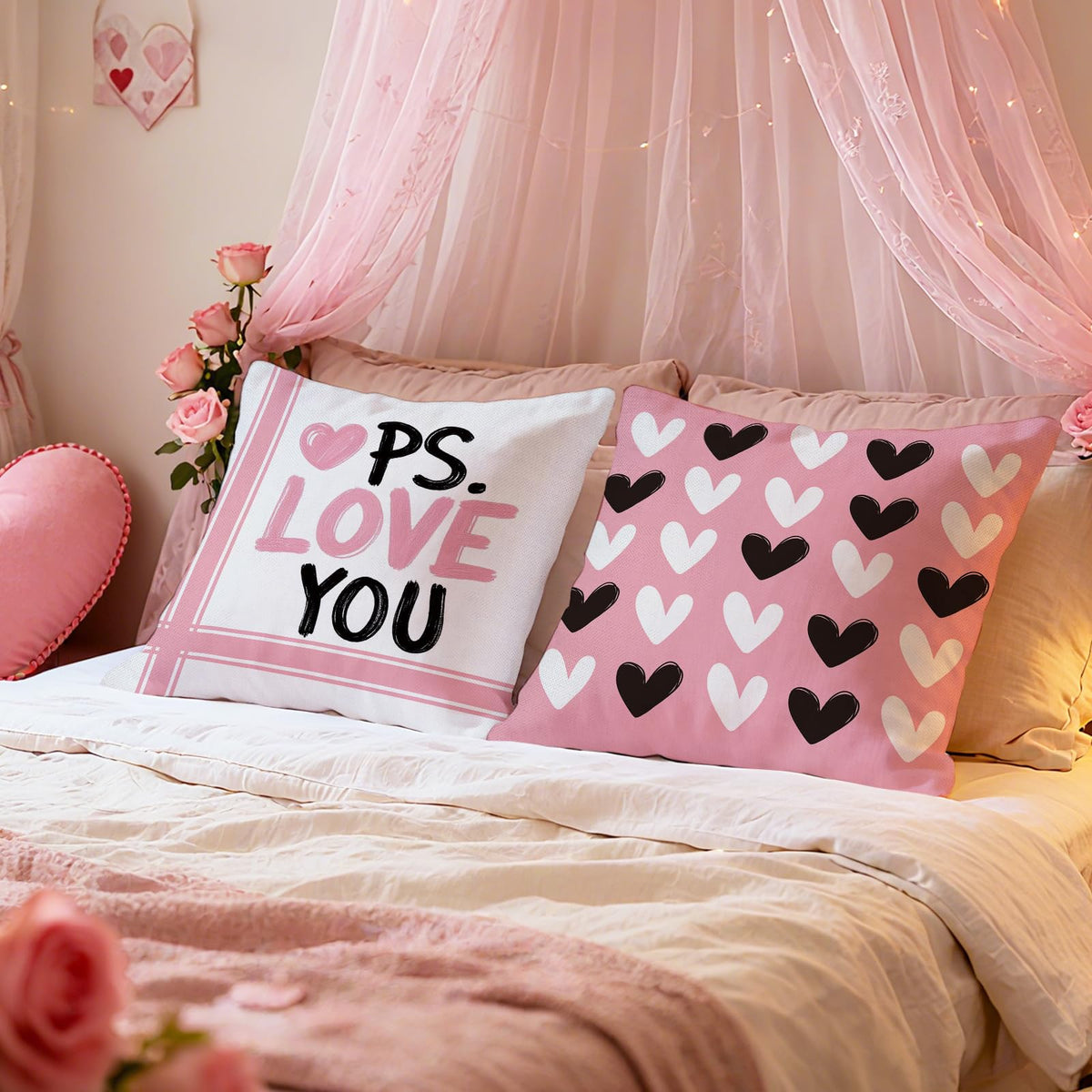 Waterproof Linen, Valentines Day Decorative Throw Pillow Covers 18 x 18 Set of 4, I Love You Pink Heart Stripes