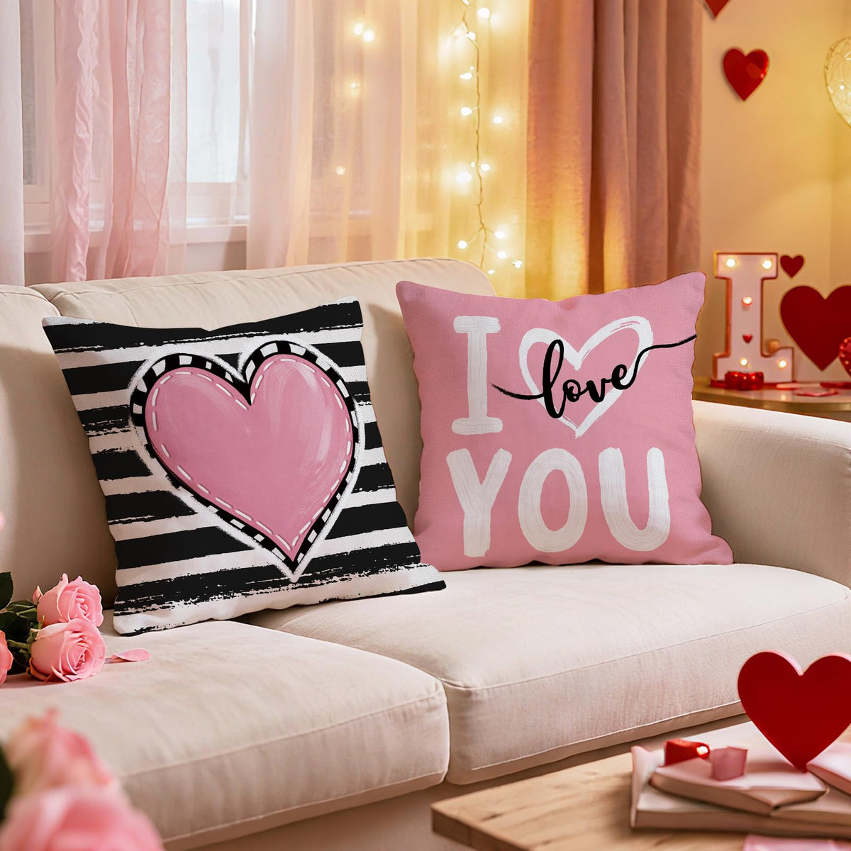 Waterproof Linen, Valentines Day Decorative Throw Pillow Covers 18 x 18 Set of 4, I Love You Pink Heart Stripes