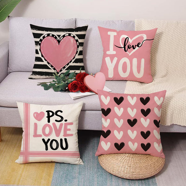 Waterproof Linen, Valentines Day Decorative Throw Pillow Covers 18 x 18 Set of 4, I Love You Pink Heart Stripes