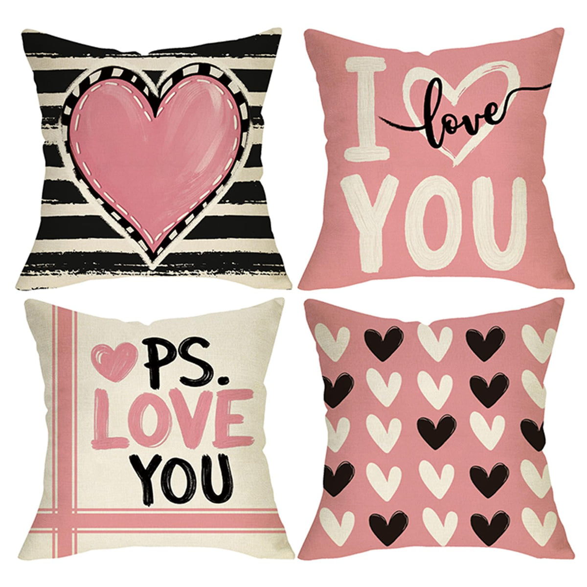 Waterproof Linen, Valentines Day Decorative Throw Pillow Covers 18 x 18 Set of 4, I Love You Pink Heart Stripes