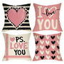 Waterproof Linen, Valentines Day Decorative Throw Pillow Covers 18 x 18 Set of 4, I Love You Pink Heart Stripes