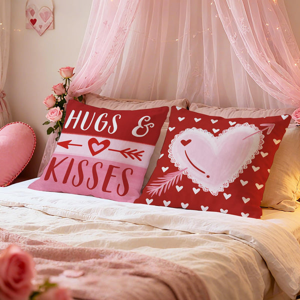 Hello Valentines Day Throw Pillow Covers 18" Set of 4, Red Pink Love Heart Hugs Kisses Arrow