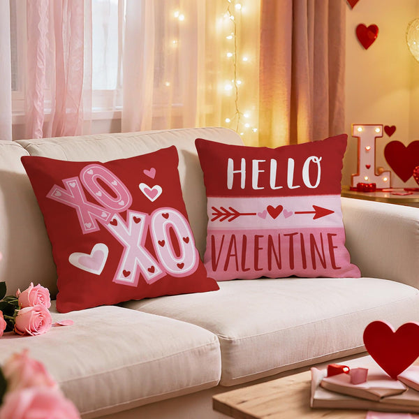 Hello Valentines Day Throw Pillow Covers 18" Set of 4, Red Pink Love Heart Hugs Kisses Arrow