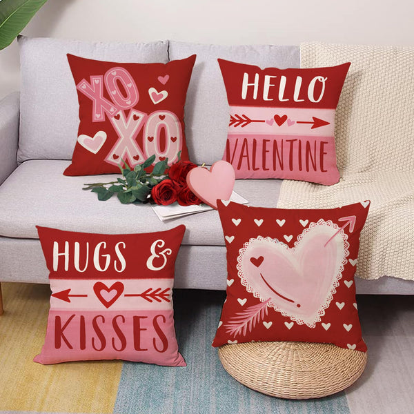 Hello Valentines Day Throw Pillow Covers 18" Set of 4, Red Pink Love Heart Hugs Kisses Arrow