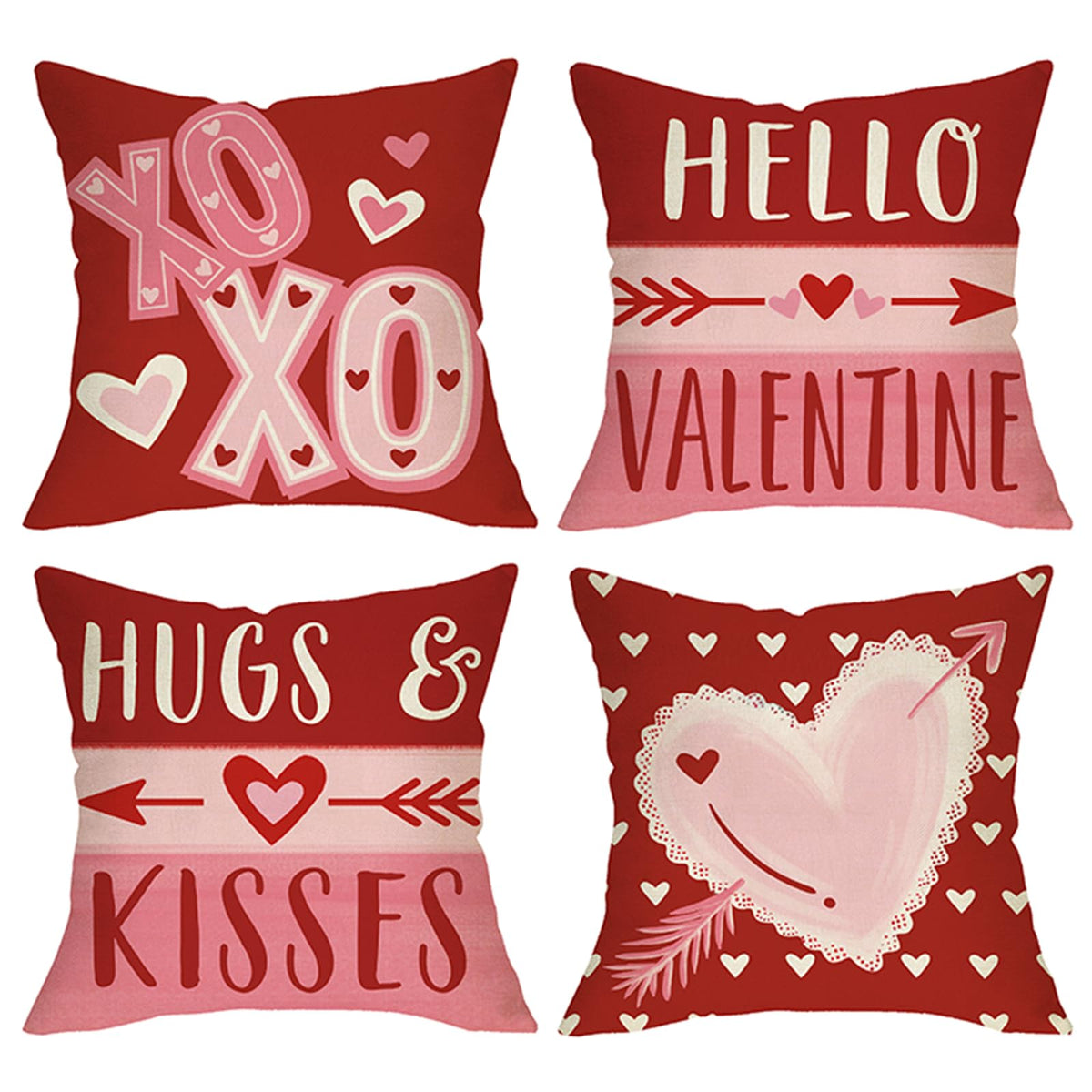 Hello Valentines Day Throw Pillow Covers 18" Set of 4, Red Pink Love Heart Hugs Kisses Arrow