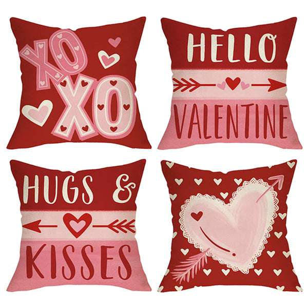 Hello Valentines Day Throw Pillow Covers 18" Set of 4, Red Pink Love Heart Hugs Kisses Arrow