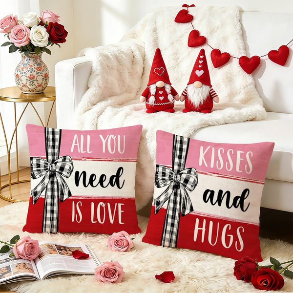 Hello Valentines Day Decorative Throw Pillow Covers 18 x 18 Set of 4, Red Heart Love Grows Here Buffalo Plaid