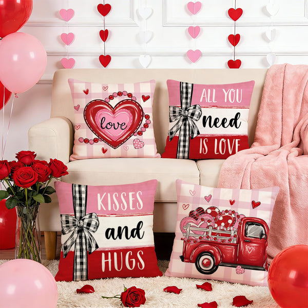 Hello Valentines Day Decorative Throw Pillow Covers 18 x 18 Set of 4, Red Heart Love Grows Here Buffalo Plaid
