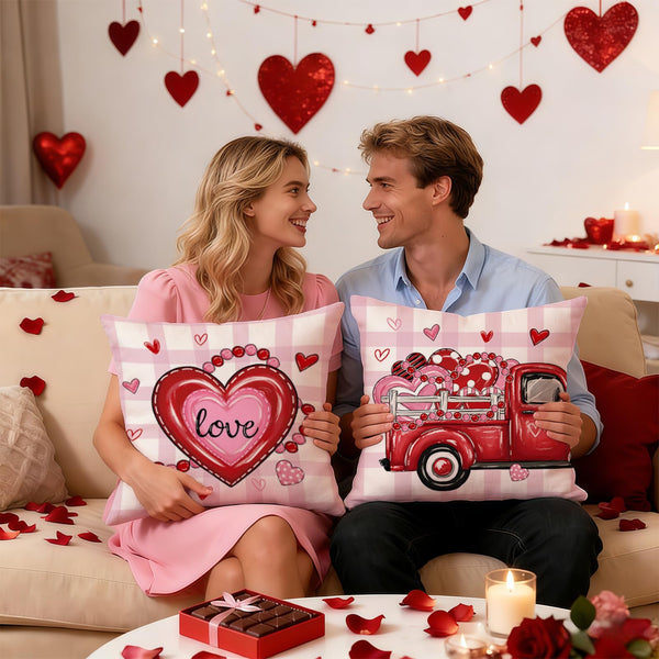 Hello Valentines Day Decorative Throw Pillow Covers 18 x 18 Set of 4, Red Heart Love Grows Here Buffalo Plaid