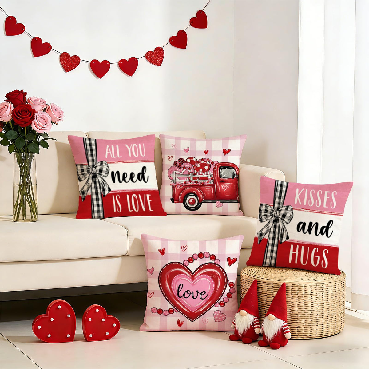 Hello Valentines Day Decorative Throw Pillow Covers 18 x 18 Set of 4, Red Heart Love Grows Here Buffalo Plaid
