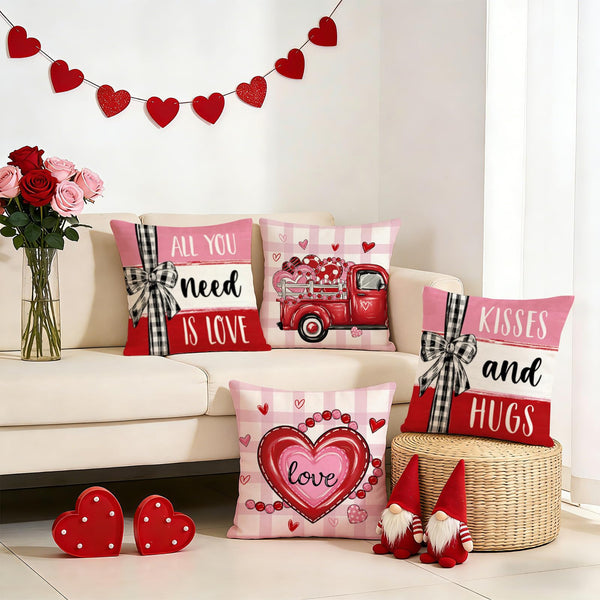 Hello Valentines Day Decorative Throw Pillow Covers 18 x 18 Set of 4, Red Heart Love Grows Here Buffalo Plaid