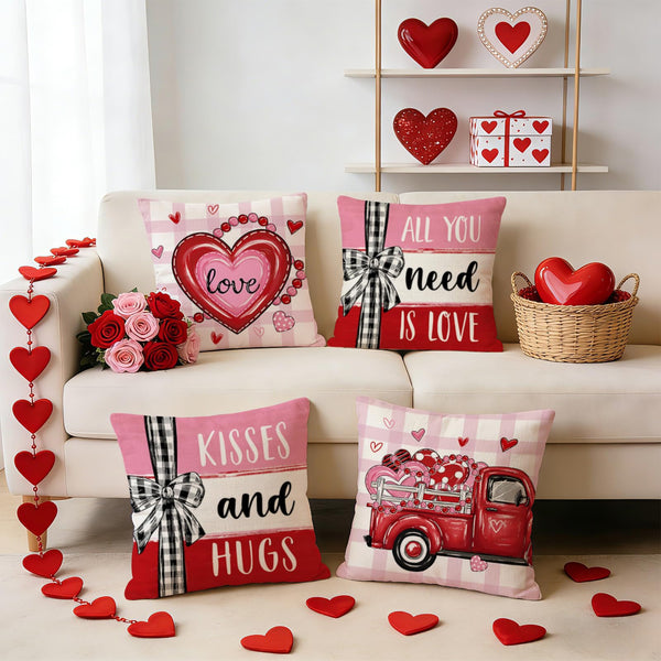 Hello Valentines Day Decorative Throw Pillow Covers 18 x 18 Set of 4, Red Heart Love Grows Here Buffalo Plaid