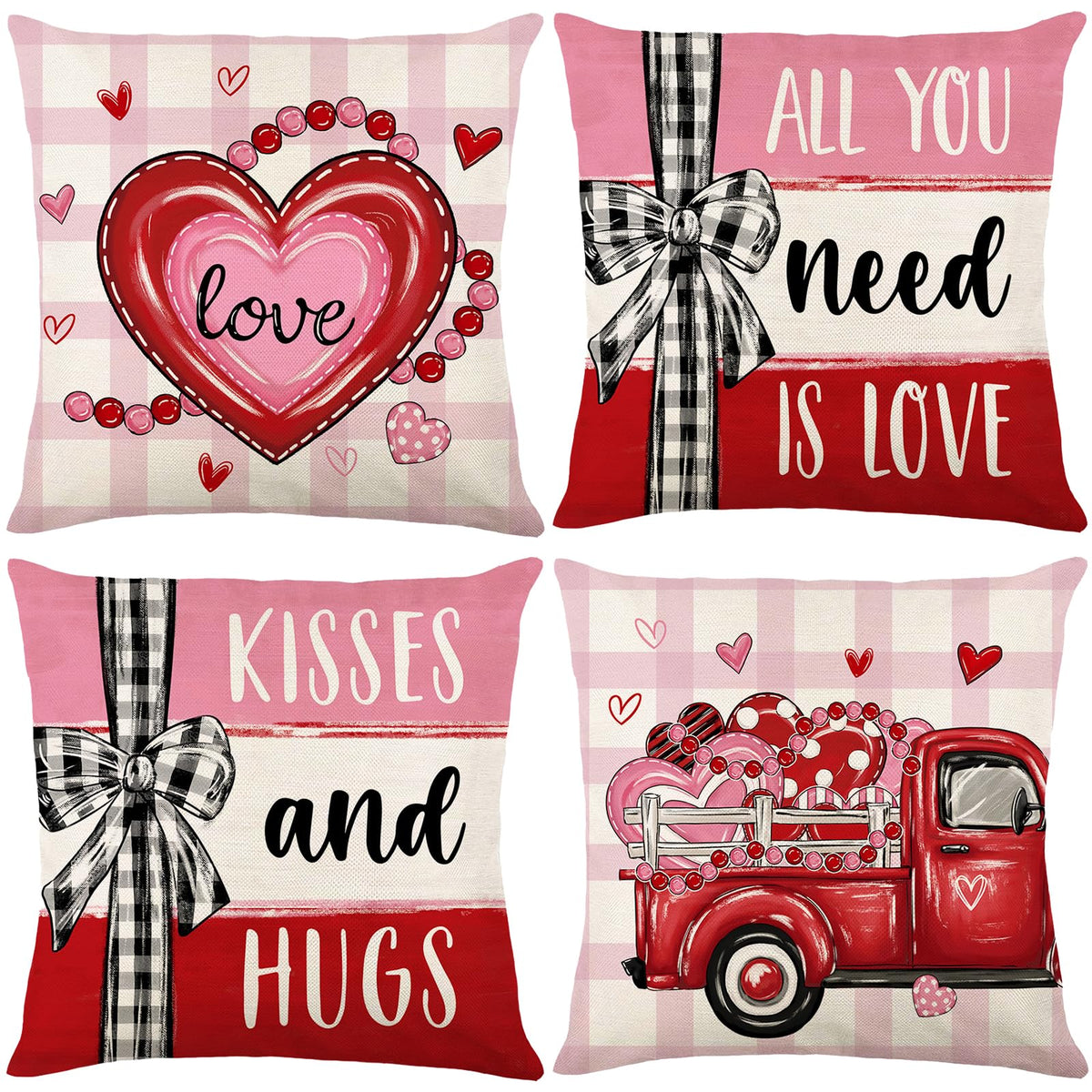 Hello Valentines Day Decorative Throw Pillow Covers 18 x 18 Set of 4, Red Heart Love Grows Here Buffalo Plaid