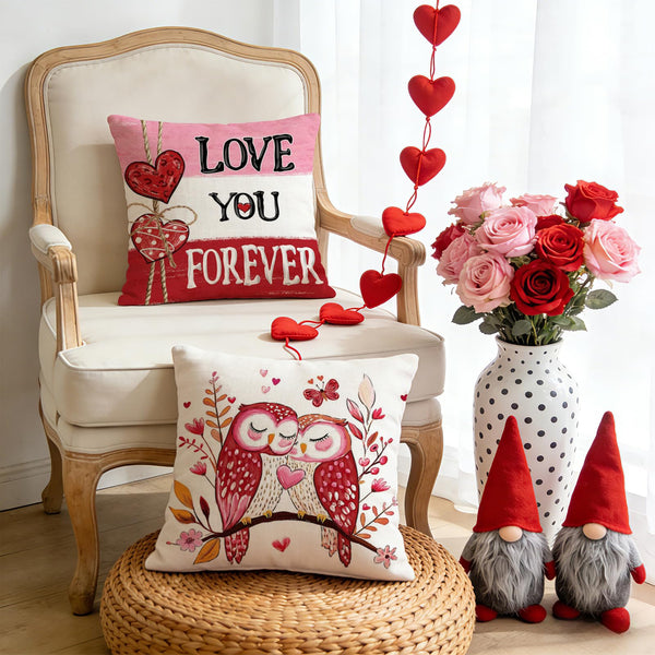 Valentines Day Pillow Covers 18x18 Inch Set of 4, Red Pink Stripes Mailbox Heart Bird Love You Forever Be Mine