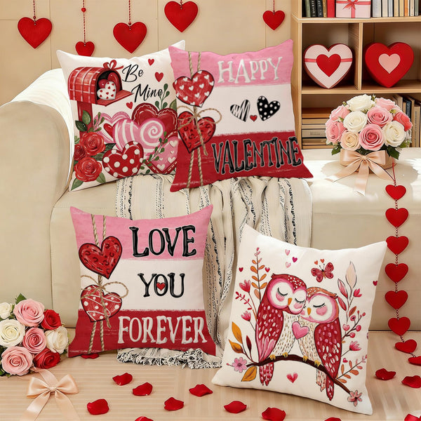 Valentines Day Pillow Covers 18x18 Inch Set of 4, Red Pink Stripes Mailbox Heart Bird Love You Forever Be Mine