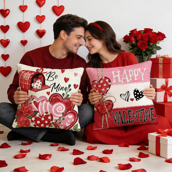 Valentines Day Pillow Covers 18x18 Inch Set of 4, Red Pink Stripes Mailbox Heart Bird Love You Forever Be Mine