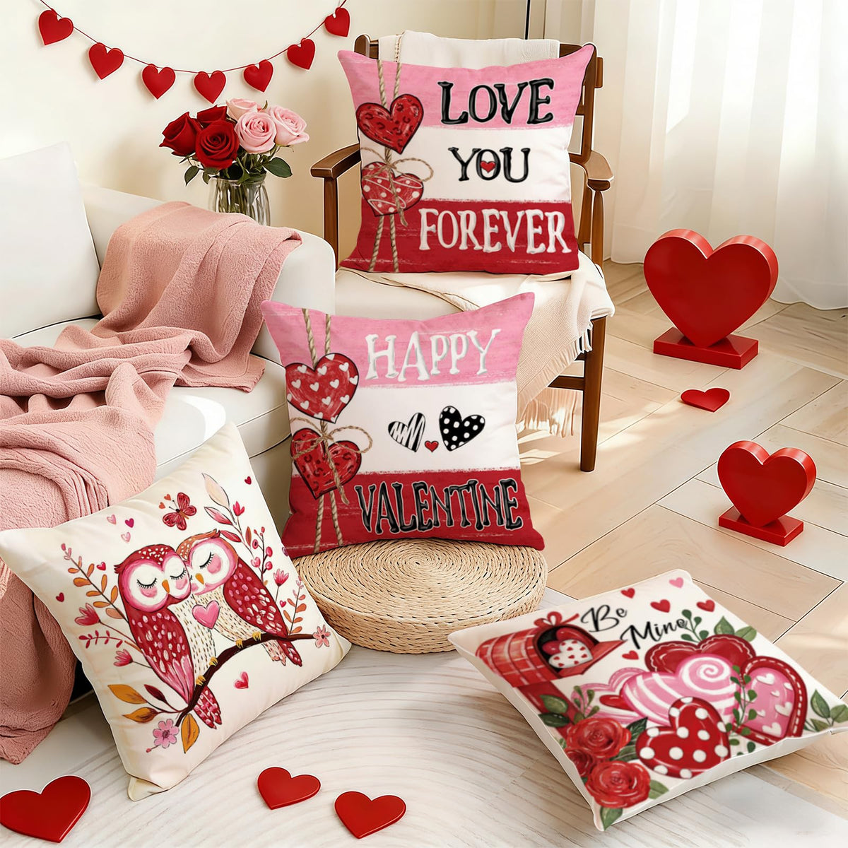 Valentines Day Pillow Covers 18x18 Inch Set of 4, Red Pink Stripes Mailbox Heart Bird Love You Forever Be Mine