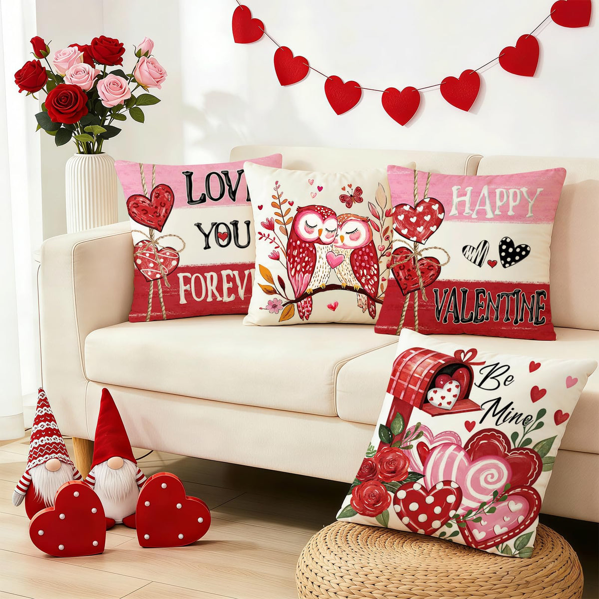 Valentines Day Pillow Covers 18x18 Inch Set of 4, Red Pink Stripes Mailbox Heart Bird Love You Forever Be Mine