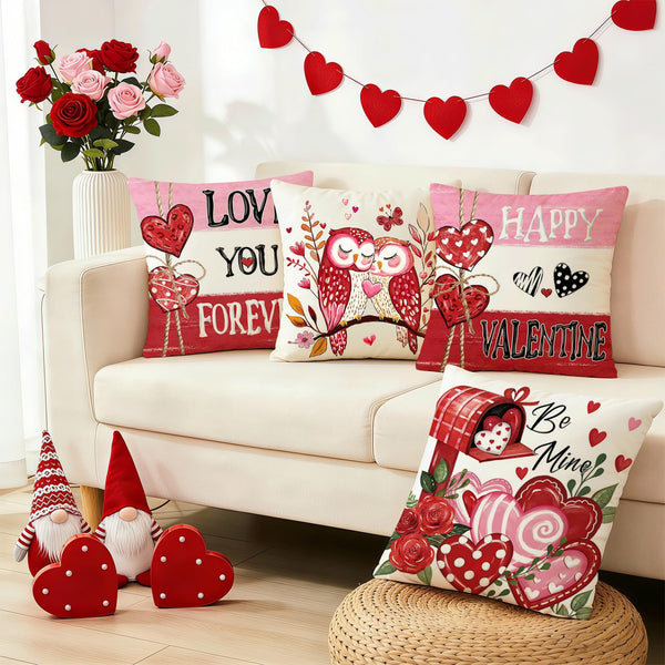 Valentines Day Pillow Covers 18x18 Inch Set of 4, Red Pink Stripes Mailbox Heart Bird Love You Forever Be Mine