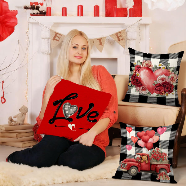 Waterproof Linen, Valentines Day Pillow Covers 18x18 inch Set of 4 Roses Floral Forever Love
