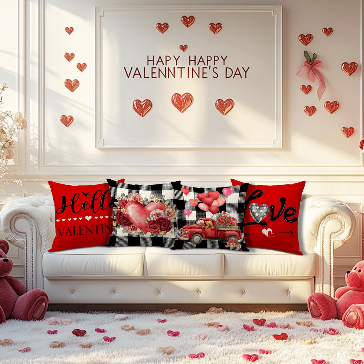 Waterproof Linen, Valentines Day Pillow Covers 18x18 inch Set of 4 Roses Floral Forever Love