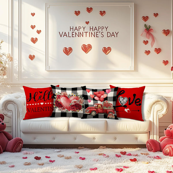 Waterproof Linen, Valentines Day Pillow Covers 18x18 inch Set of 4 Roses Floral Forever Love
