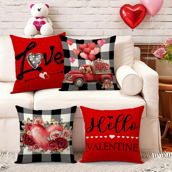 Waterproof Linen, Valentines Day Pillow Covers 18x18 inch Set of 4 Roses Floral Forever Love
