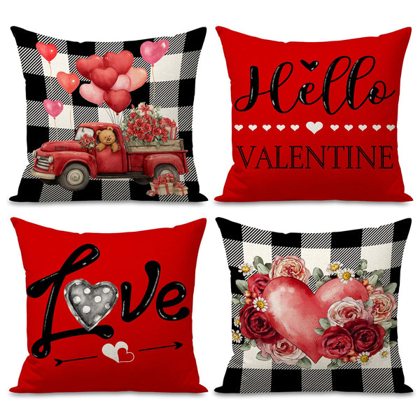 Waterproof Linen, Valentines Day Pillow Covers 18x18 inch Set of 4 Roses Floral Forever Love
