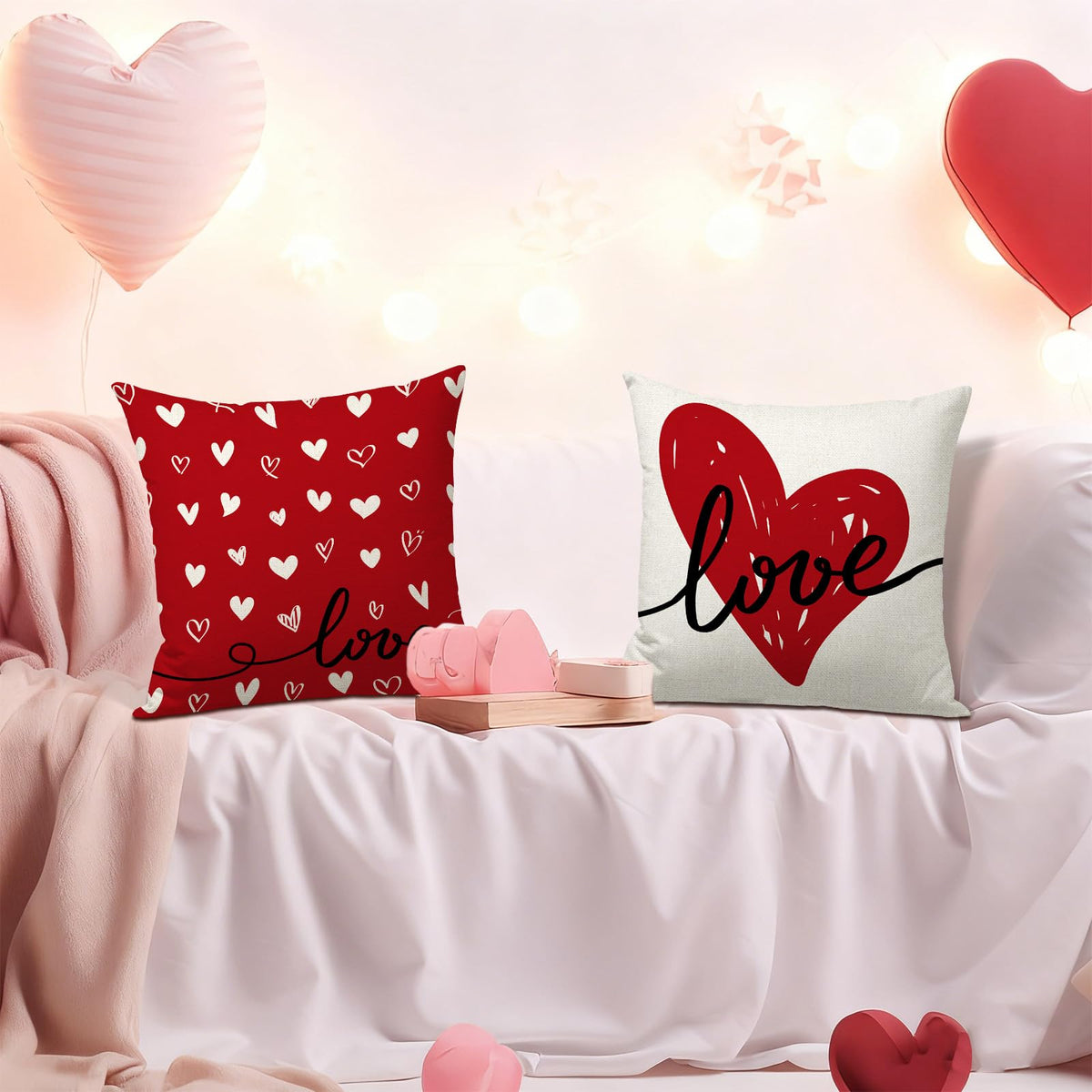 Waterproof Linen, Valentines Day Pillow Covers 18x18 inch Set of 4 Love Hearts
