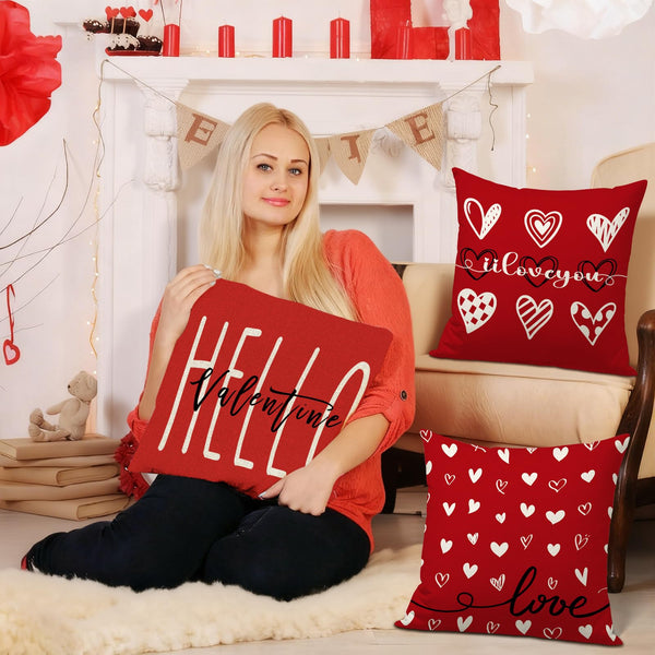 Waterproof Linen, Valentines Day Pillow Covers 18x18 inch Set of 4 Love Hearts