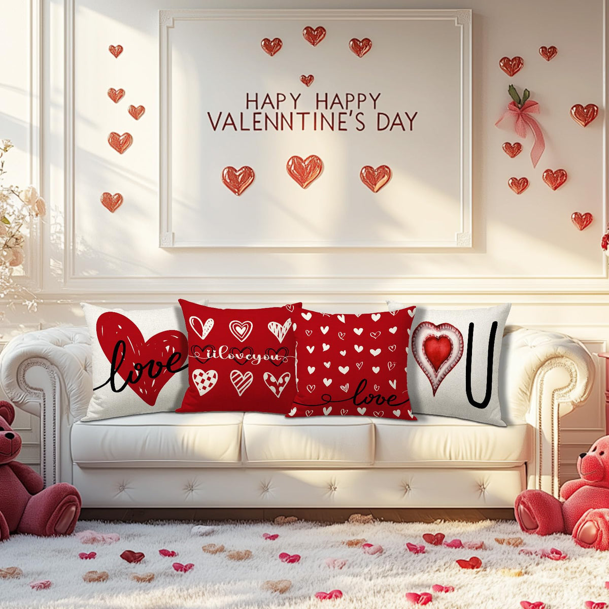 Waterproof Linen, Valentines Day Pillow Covers 18x18 inch Set of 4 Love Hearts