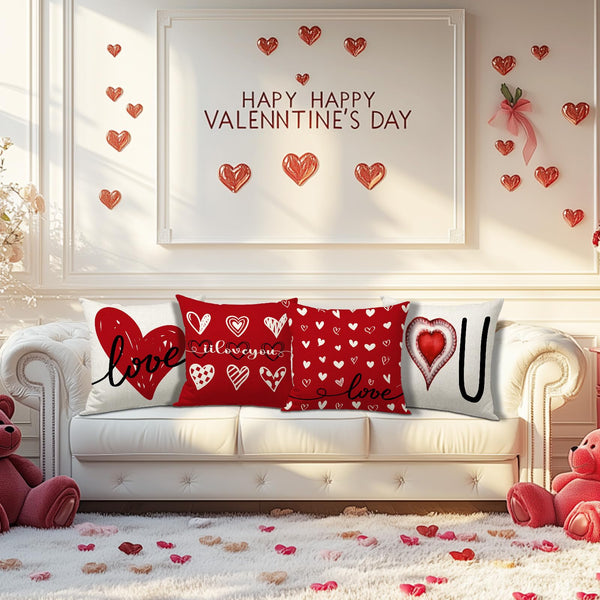 Waterproof Linen, Valentines Day Pillow Covers 18x18 inch Set of 4 Love Hearts