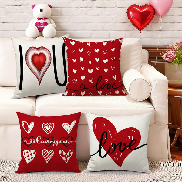 Waterproof Linen, Valentines Day Pillow Covers 18x18 inch Set of 4 Love Hearts