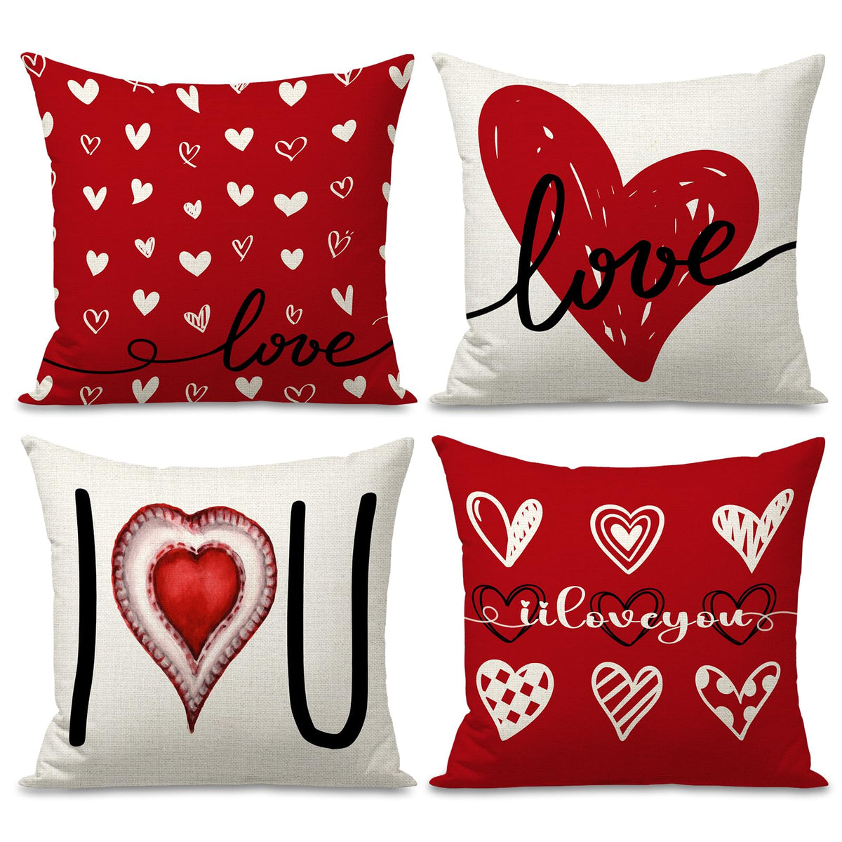 Waterproof Linen, Valentines Day Pillow Covers 18x18 inch Set of 4 Love Hearts