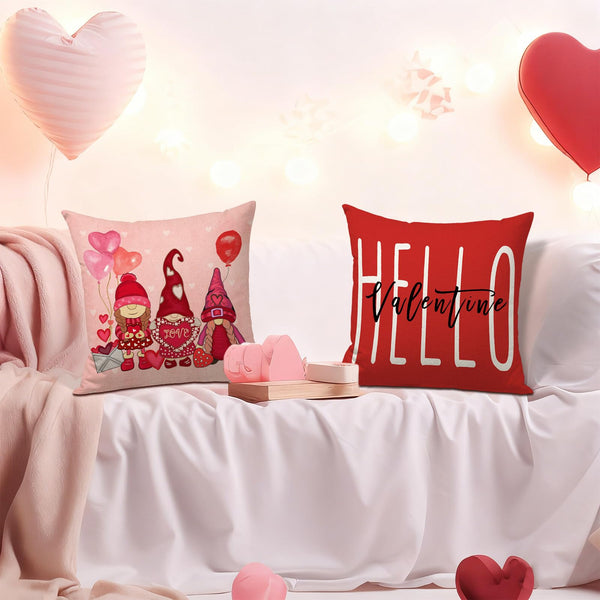 Waterproof Linen, Hello Valentines Day Pillow Covers 18x18 Set of 4 Gnomes