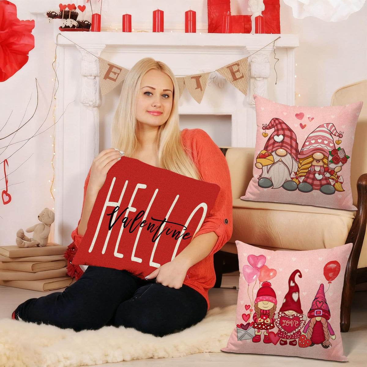 Waterproof Linen, Hello Valentines Day Pillow Covers 18x18 Set of 4 Gnomes