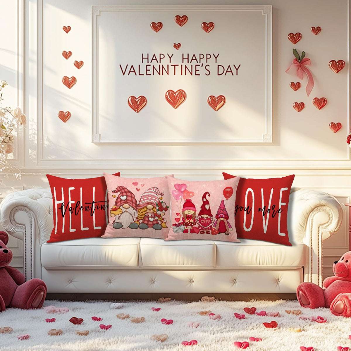 Waterproof Linen, Hello Valentines Day Pillow Covers 18x18 Set of 4 Gnomes