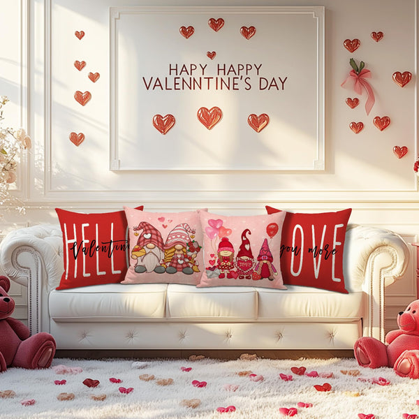 Waterproof Linen, Hello Valentines Day Pillow Covers 18x18 Set of 4 Gnomes