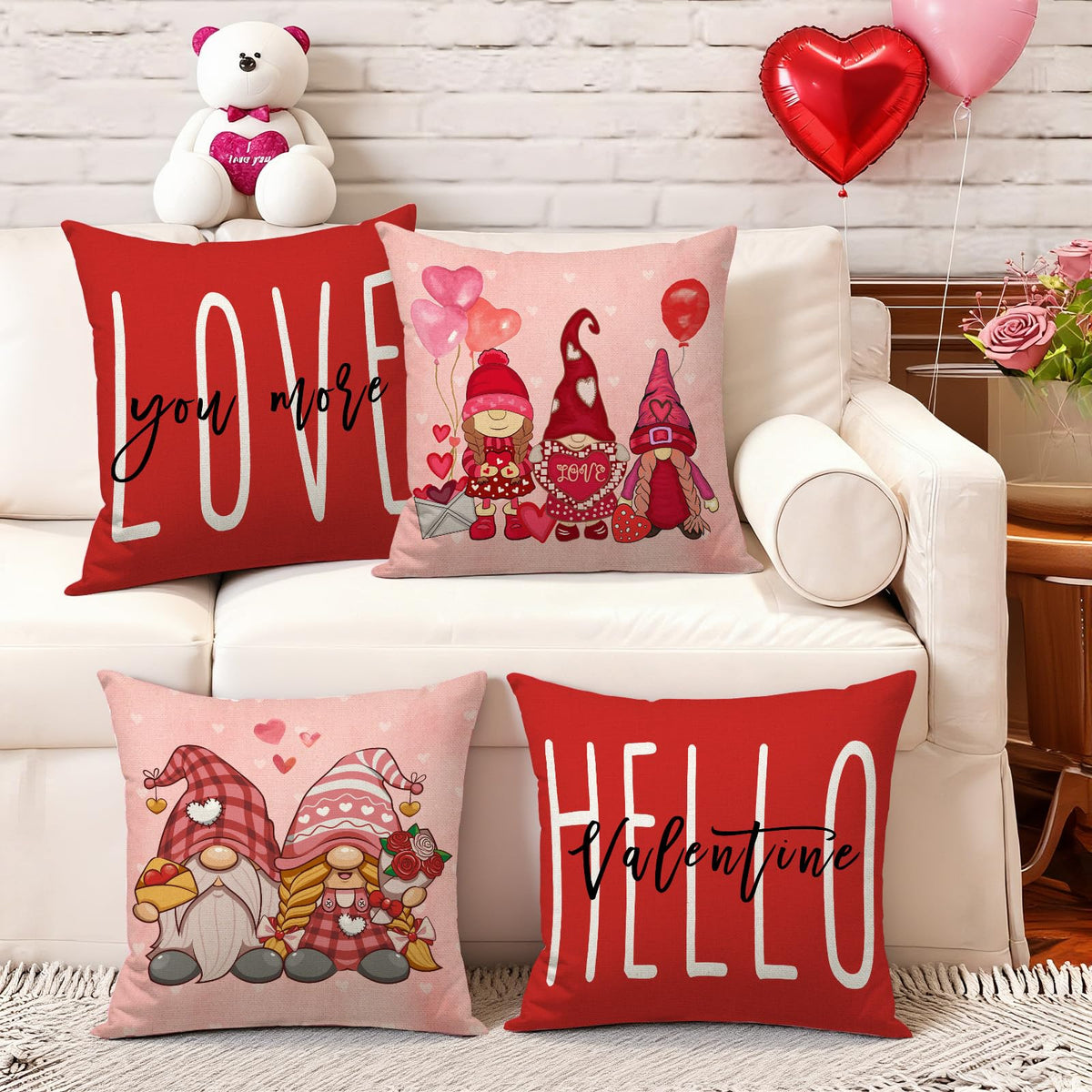 Waterproof Linen, Hello Valentines Day Pillow Covers 18x18 Set of 4 Gnomes