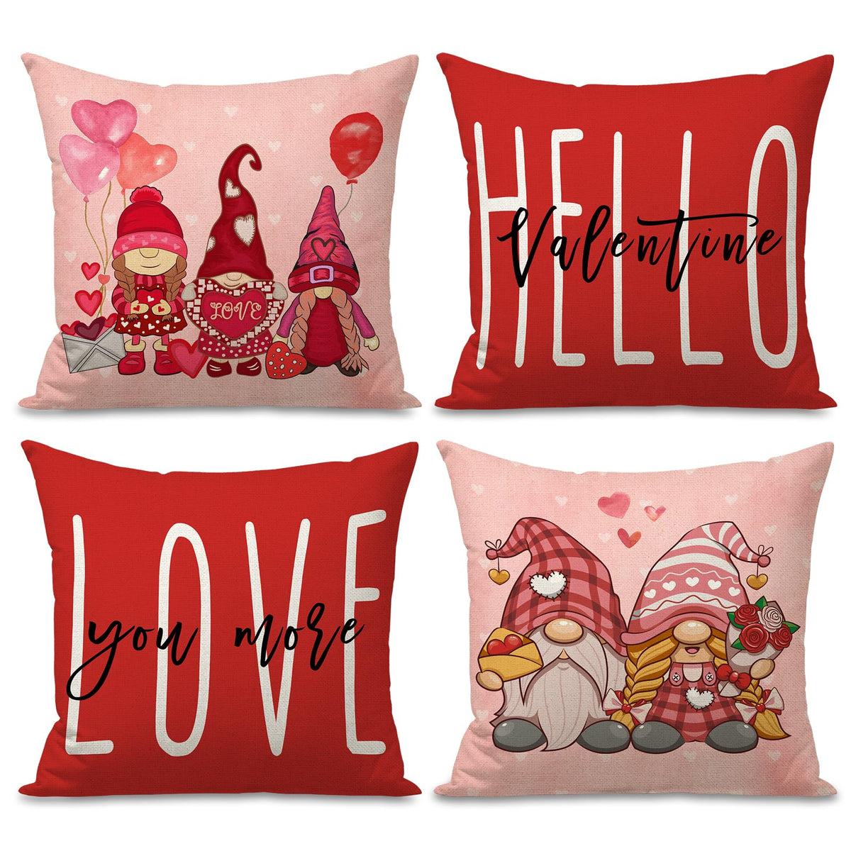 Waterproof Linen, Hello Valentines Day Pillow Covers 18x18 Set of 4 Gnomes