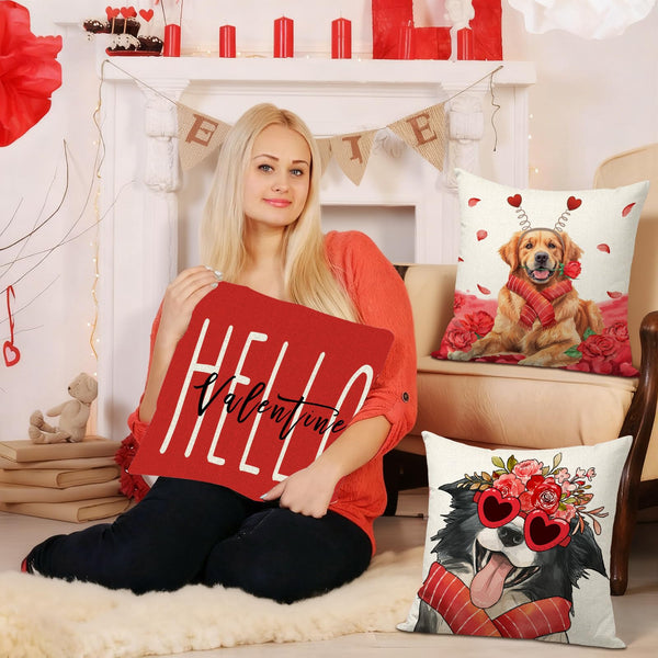 Waterproof Linen, Valentines Day Dog Pillow Covers 18x18 inch Set of 4 Love You More