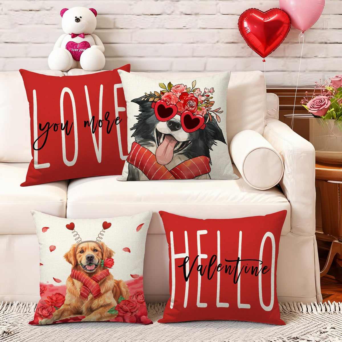 Waterproof Linen, Valentines Day Dog Pillow Covers 18x18 inch Set of 4 Love You More